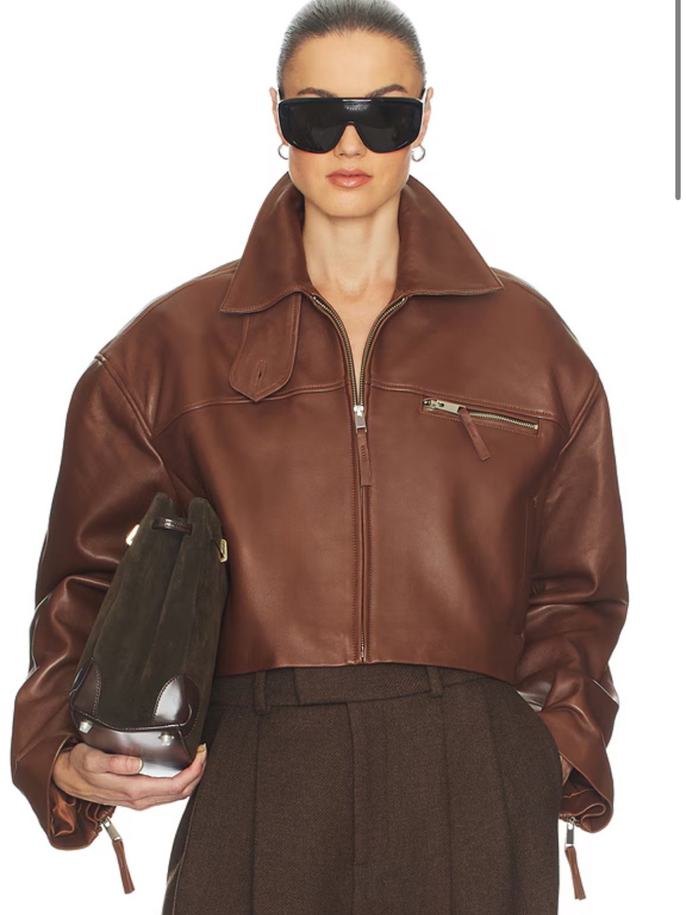 Helsa The Leather Oversized Moto Jacket in Smooth Leather in Chestnut